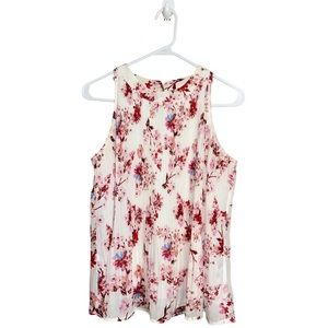 Pink Rose Cherry Blossom Floral Print Pleated Tank Top